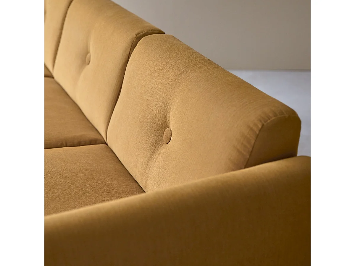 3-Sitzer-Sofa Bjorn mit massivem Eichenholzgestell und senffarbenem Stoffbezug ,3-Sitzer