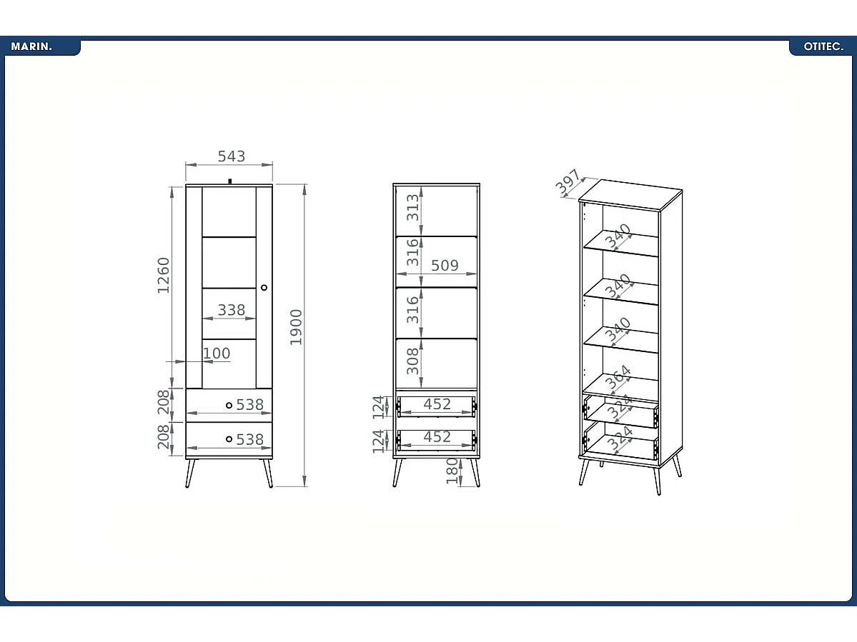 Armoire Vitrine - H.190 x L.55 x P.40 cm - MARIN