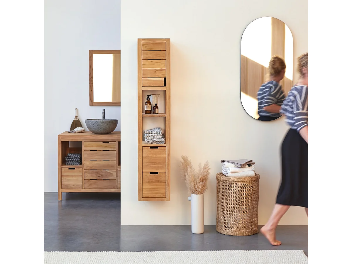 Scaffale a colonna in legno di Teak non trattato con 1 anta e 2 cassetti