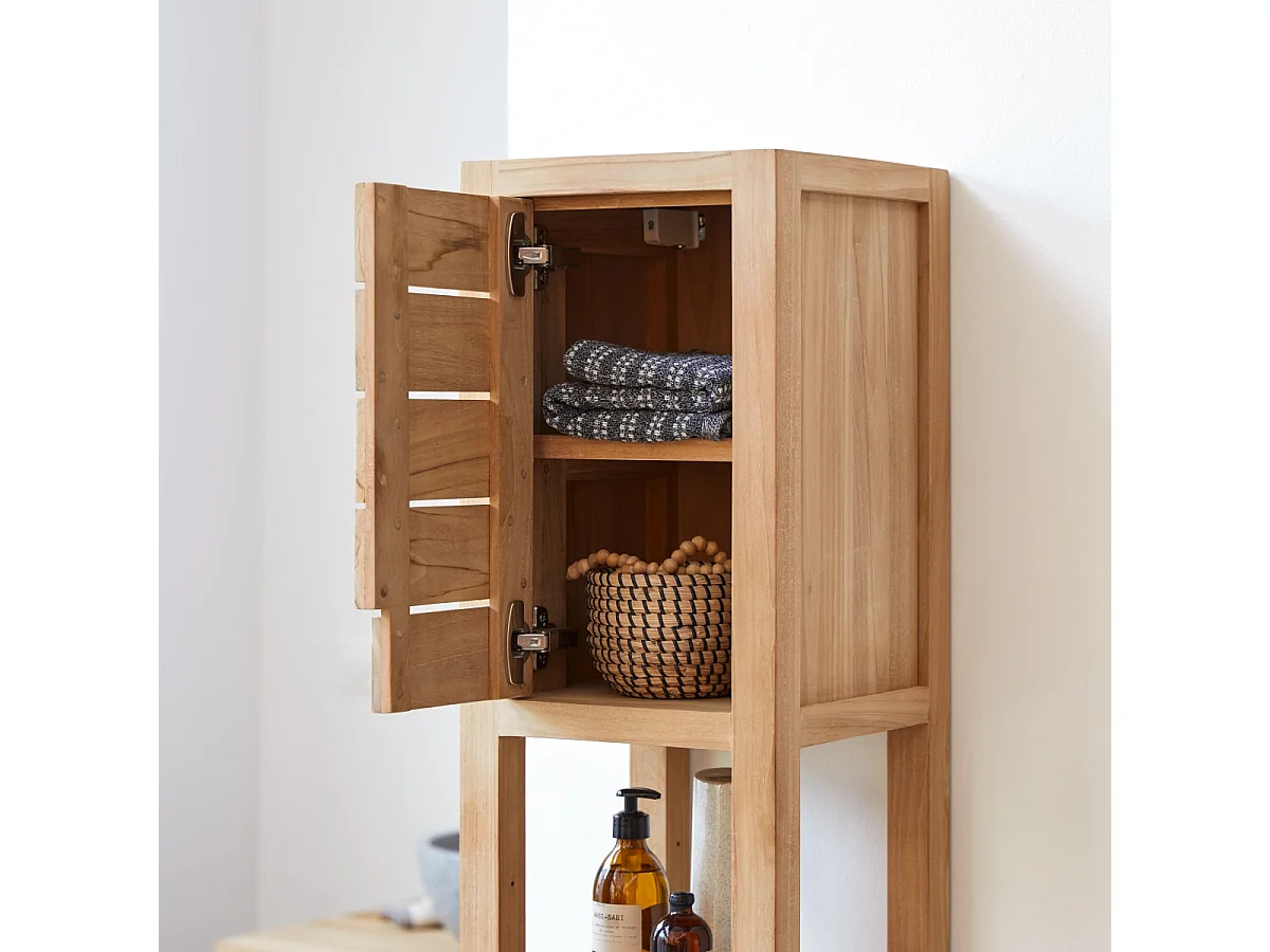 Scaffale a colonna in legno di Teak non trattato con 1 anta e 2 cassetti