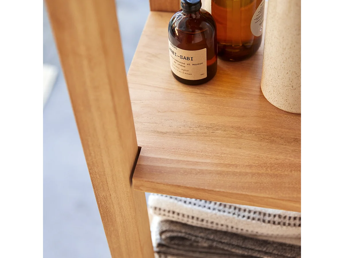 Scaffale a colonna in legno di Teak non trattato con 1 anta e 2 cassetti