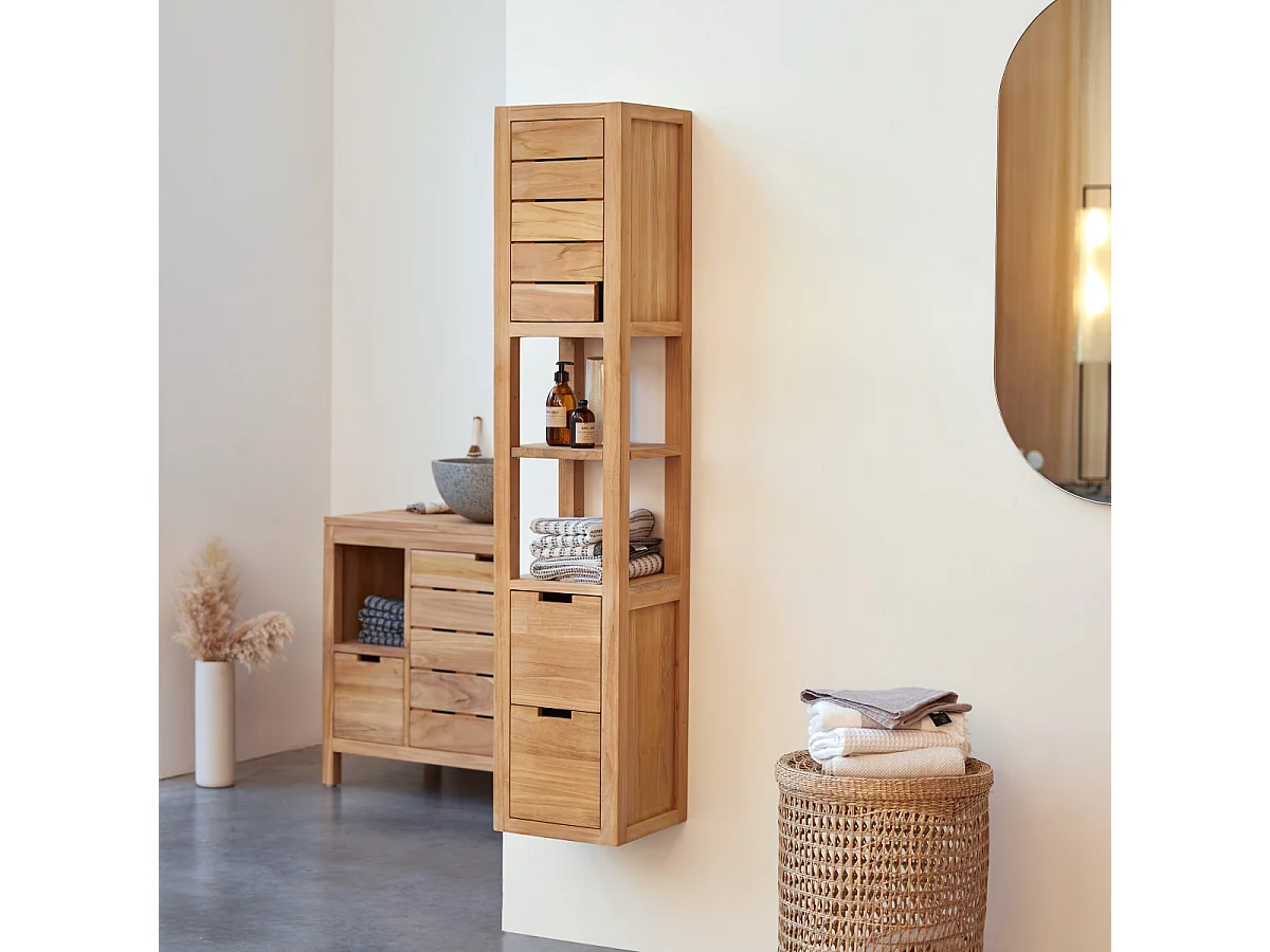 Scaffale a colonna in legno di Teak non trattato con 1 anta e 2 cassetti
