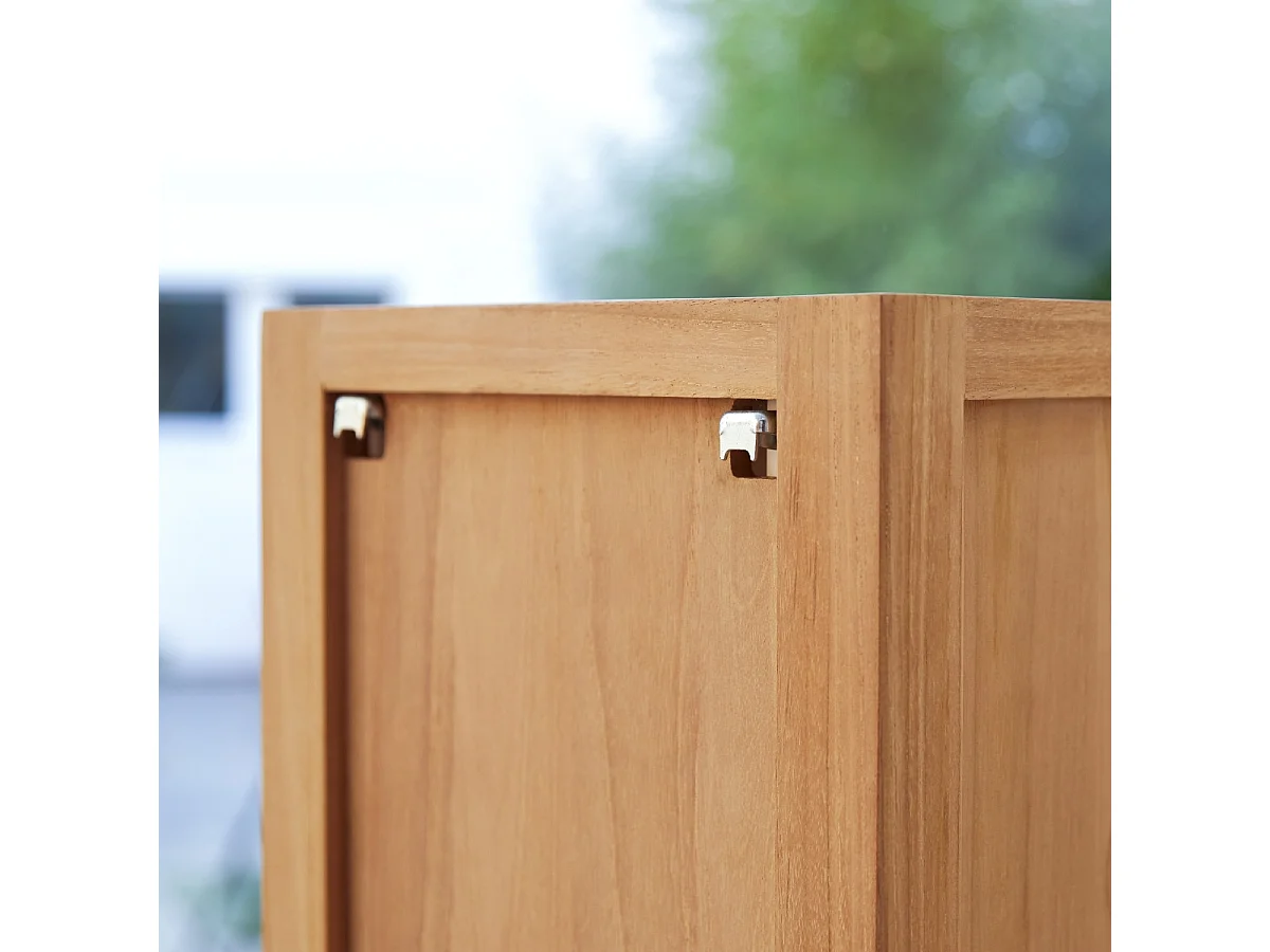 Scaffale a colonna in legno di Teak non trattato con 1 anta e 2 cassetti