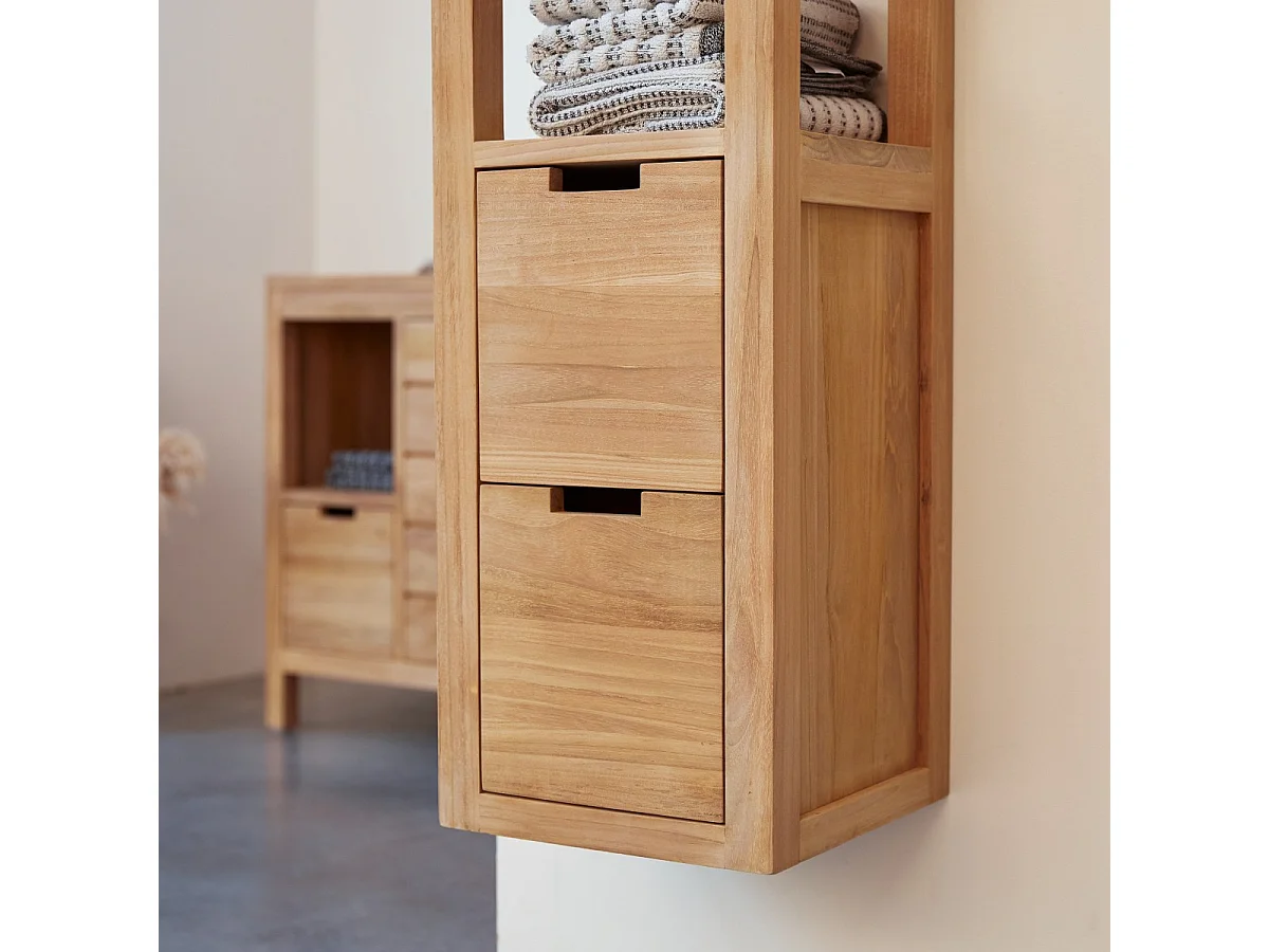 Scaffale a colonna in legno di Teak non trattato con 1 anta e 2 cassetti