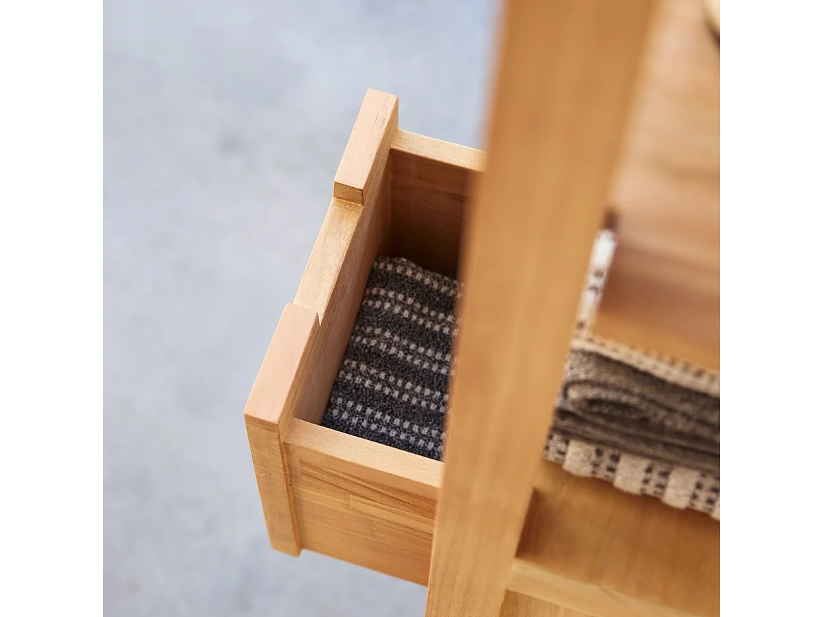 Scaffale a colonna in legno di Teak non trattato con 1 anta e 2 cassetti