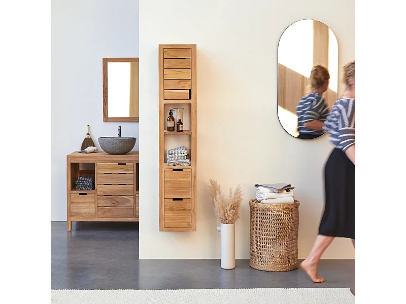 Scaffale a colonna in legno di Teak non trattato con 1 anta e 2 cassetti