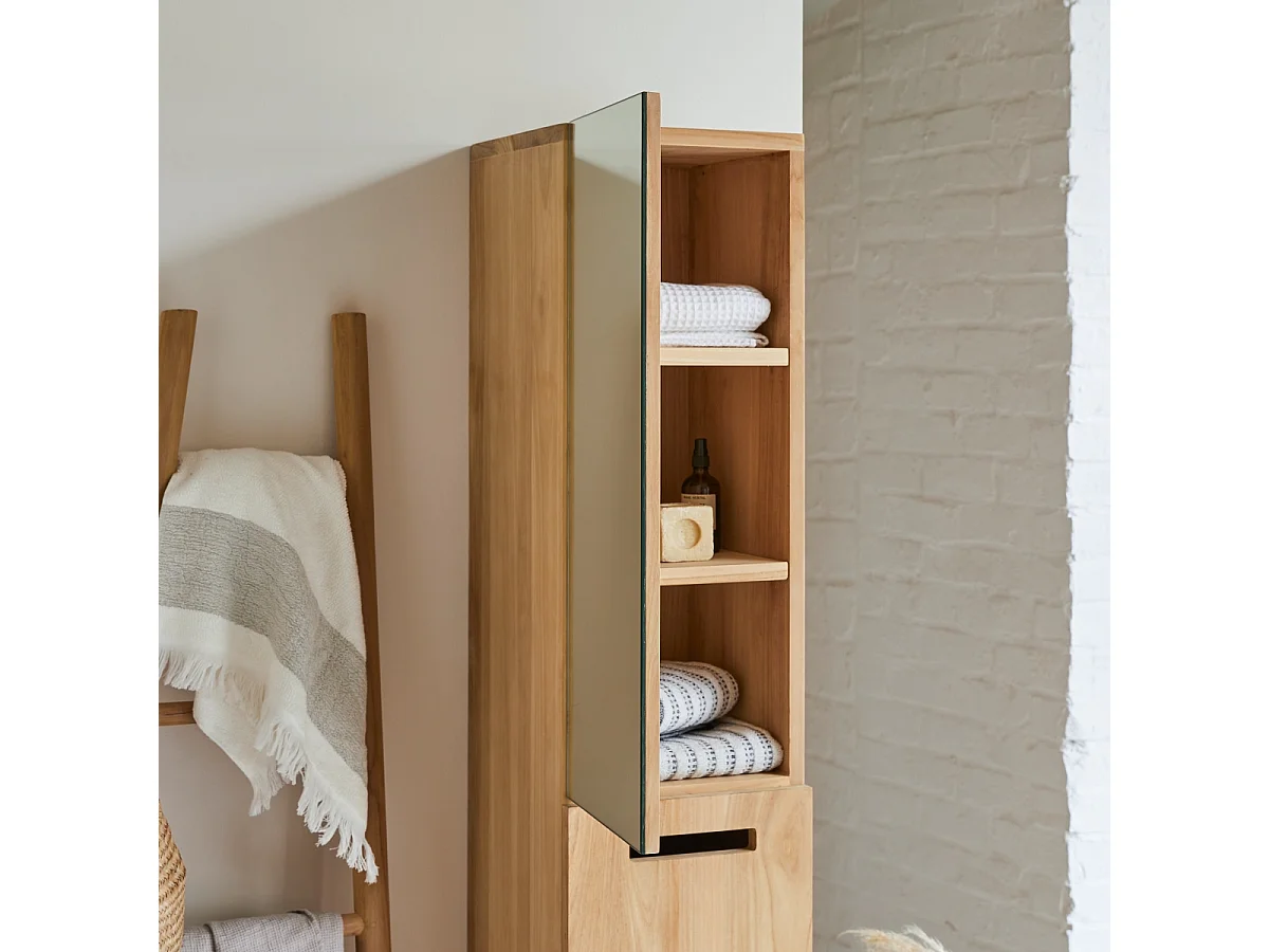 Line - Mirrored tall cabinet in solid teak