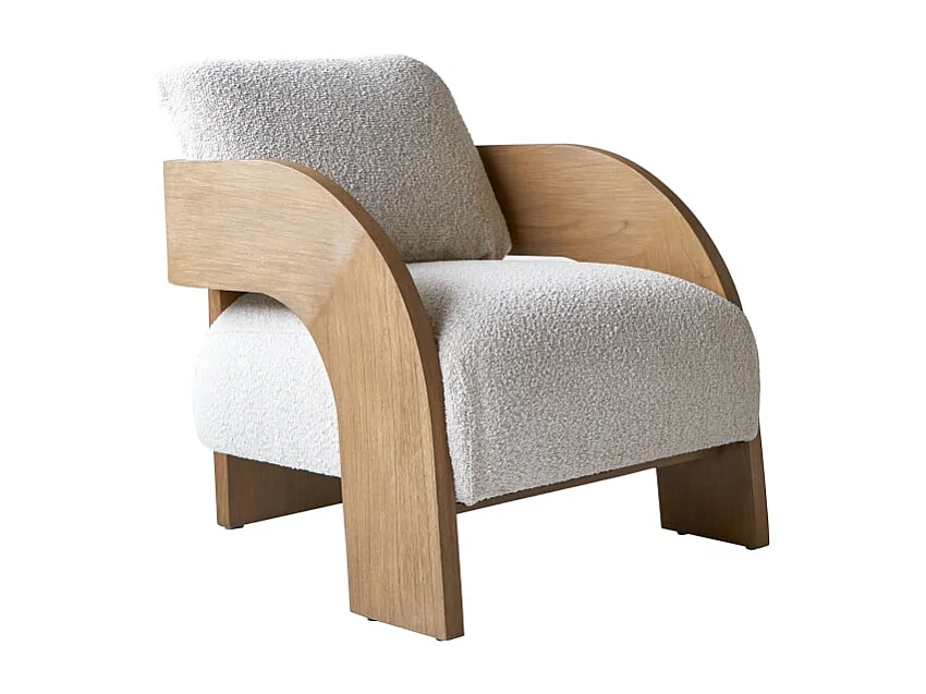 Poltrona in legno massello di mindi con tessuto bouclé écru Boti, 1 posto
