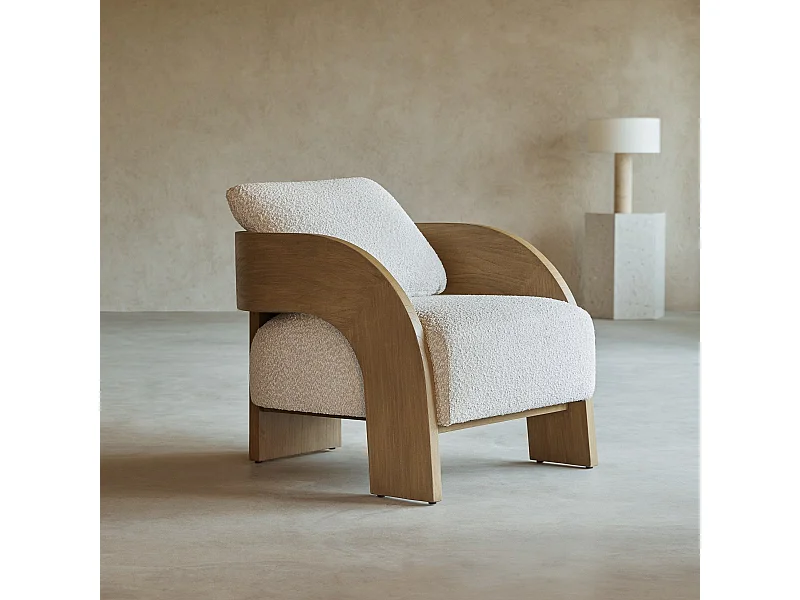 Sessel Boti aus massivem Mindiholz und ecrufarbenem Stoff ,1-Sitz