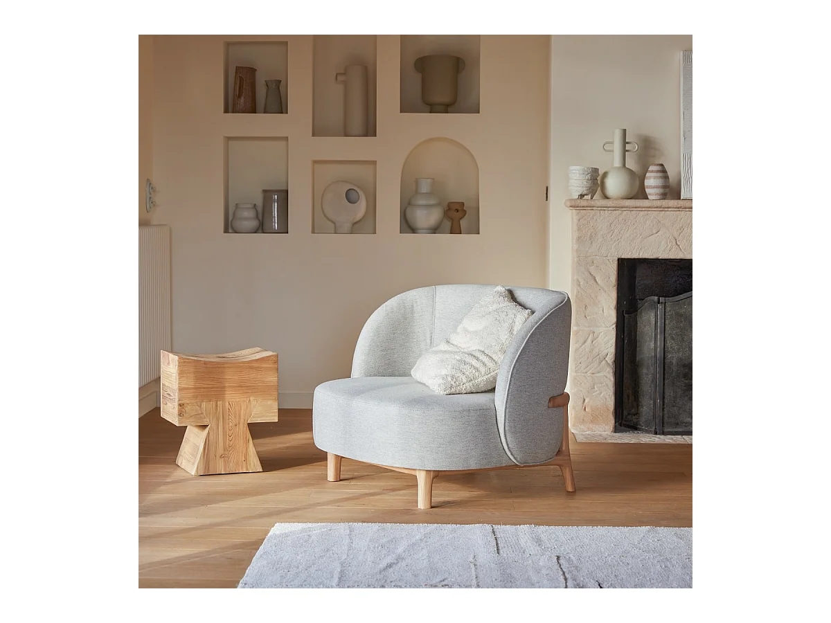 Sessel Hoya mit massivem Eichenholzgestell und grauem Stoffbezug ,1-Sitz