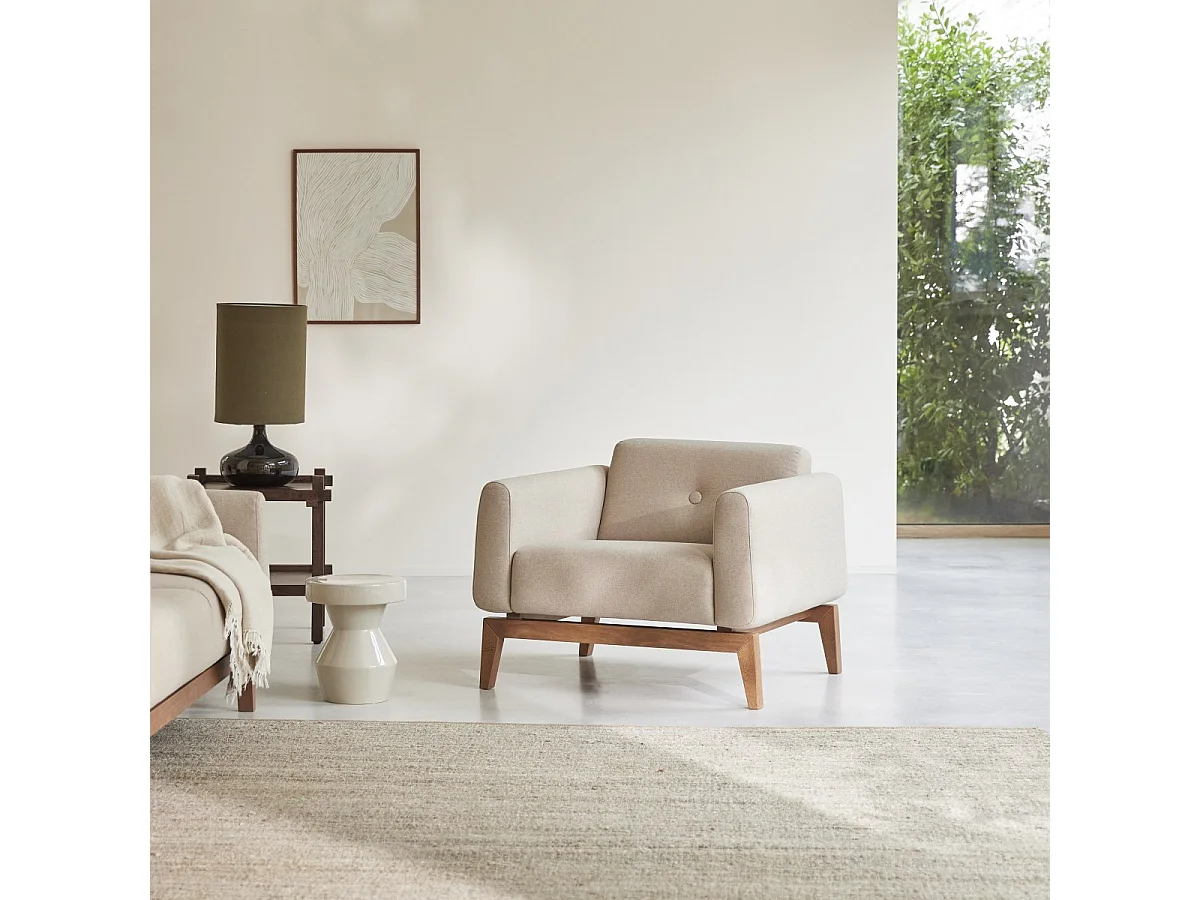 Fauteuil Bjorn en chêne massif et tissu écru, 1 place