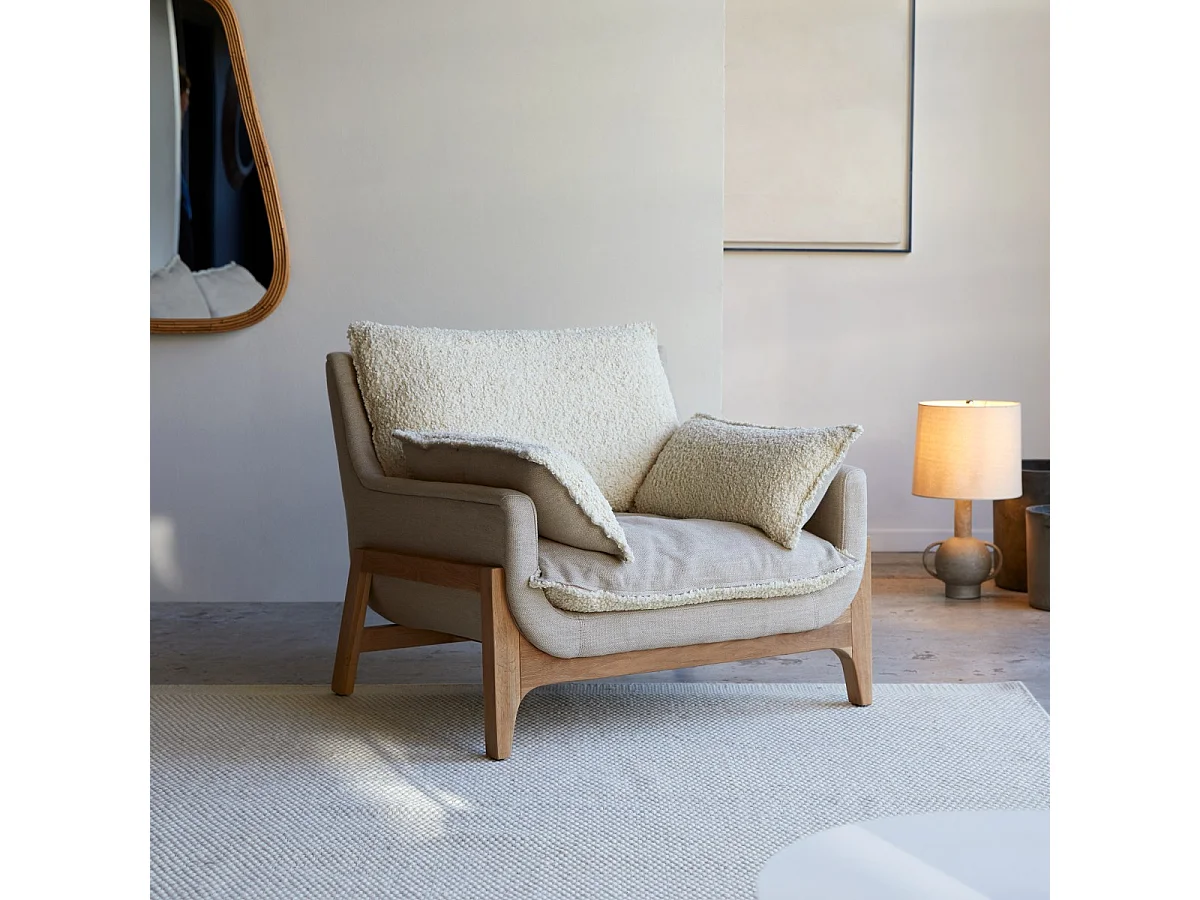 Sessel Woodnest mit massivem Eichenholzgestell und Leinenbezug ,1-Sitz