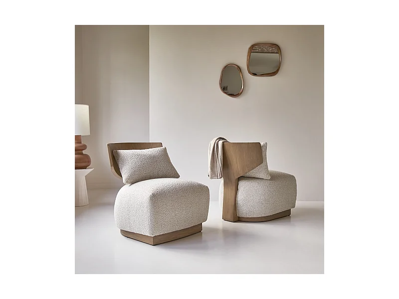 Fauteuil en bois de mindi massif et tissu bouclé écru June, 1 place