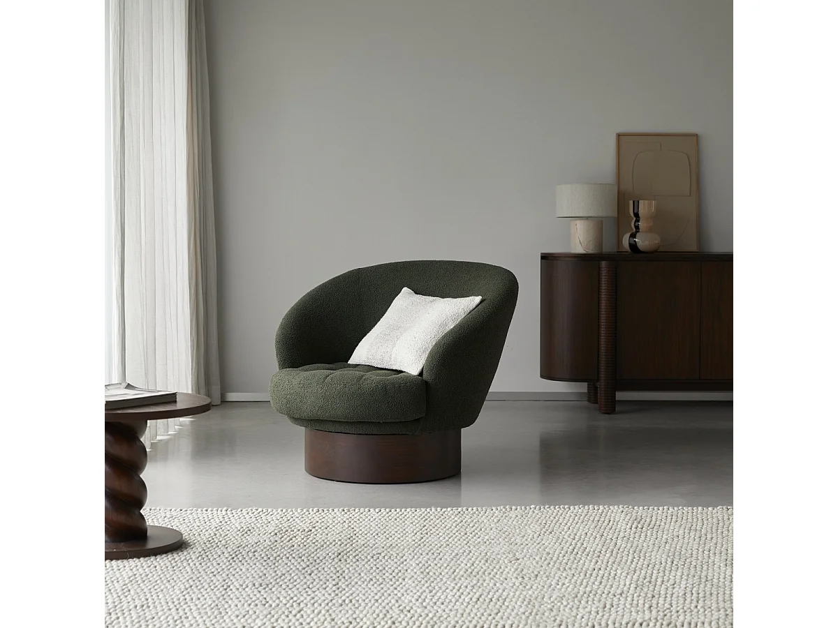 Fauteuil en bois de mindi massif et tissu bouclé vert Ines, 1 place