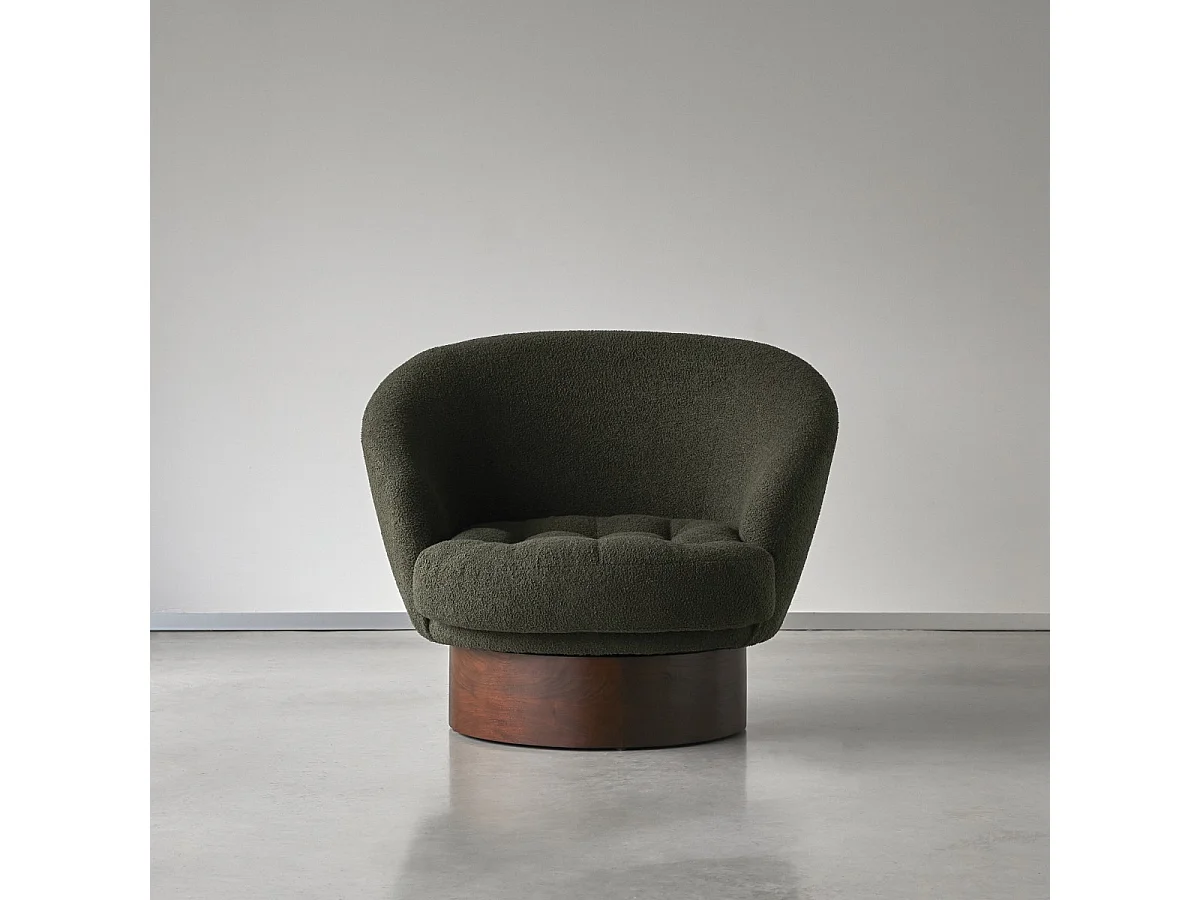 Fauteuil en bois de mindi massif et tissu bouclé vert Ines, 1 place