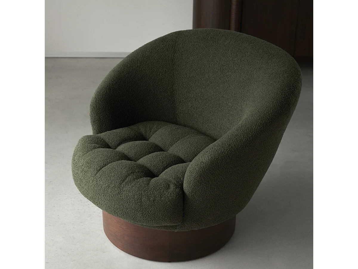 Fauteuil en bois de mindi massif et tissu bouclé vert Ines, 1 place