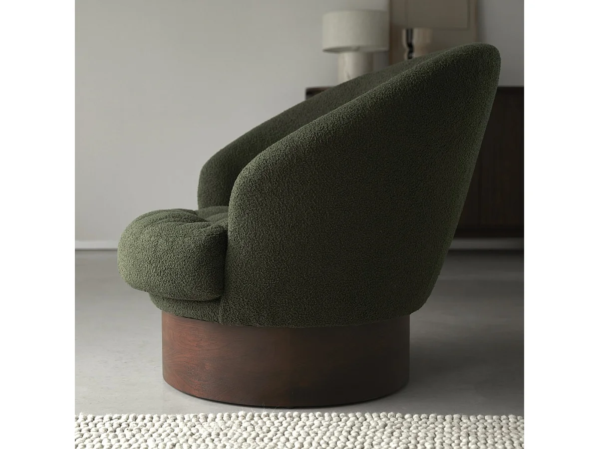 Fauteuil en bois de mindi massif et tissu bouclé vert Ines, 1 place