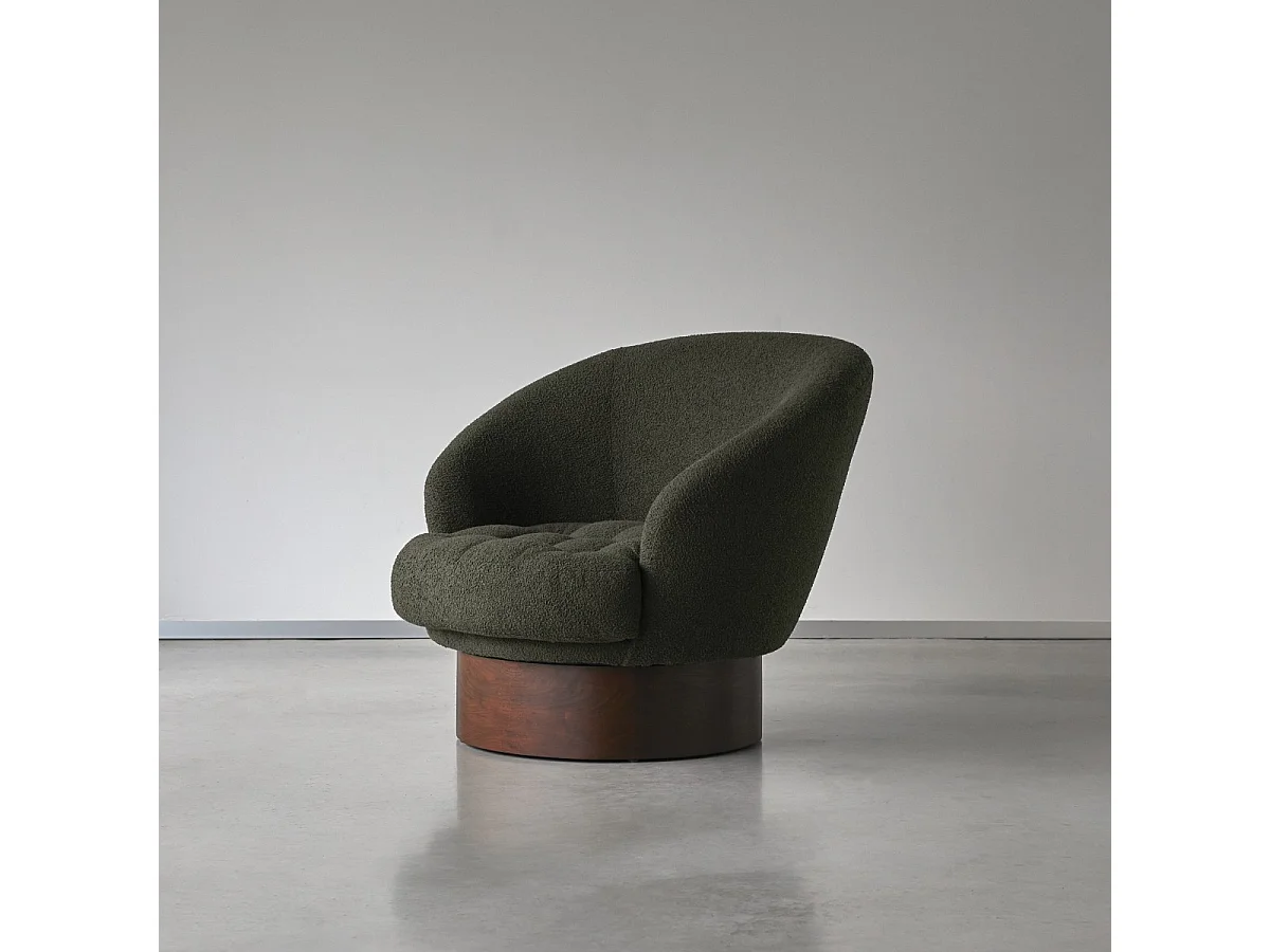 Fauteuil en bois de mindi massif et tissu bouclé vert Ines, 1 place
