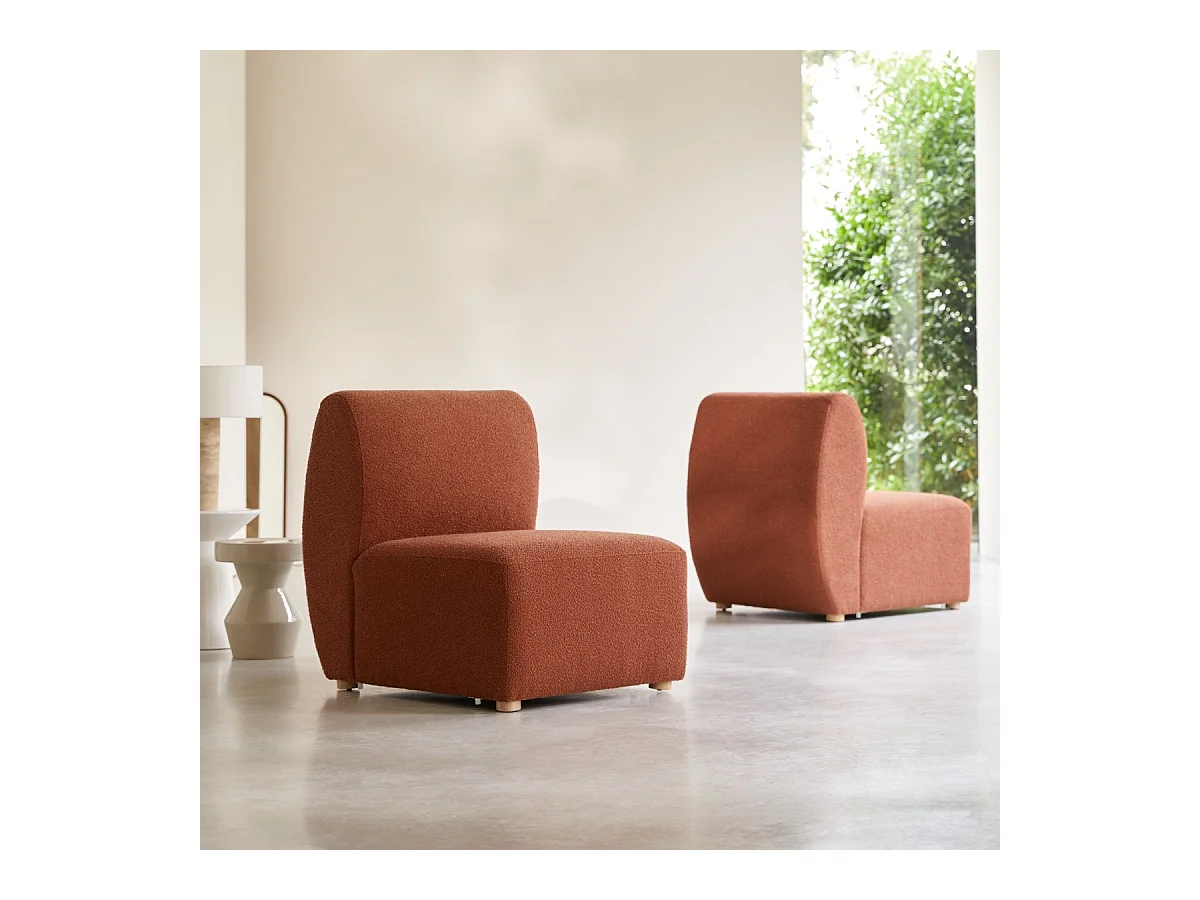 Tiefer Modulsessel Swann aus massivem Akazienholz mit terrakottafarbenem Stoffbezug
