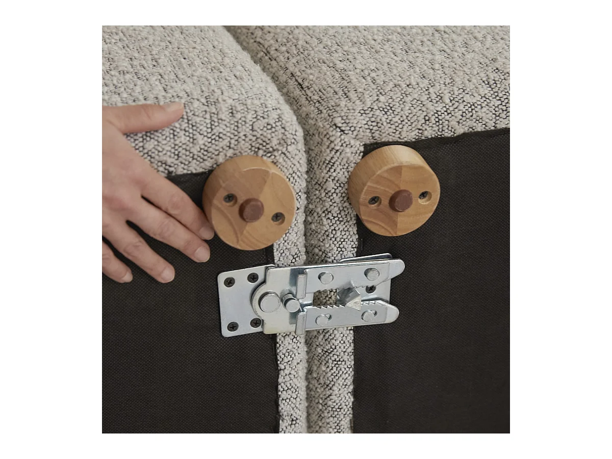 Modularer Ecksessel Swann aus massivem Akazienholz mit grauem Stoffbezug