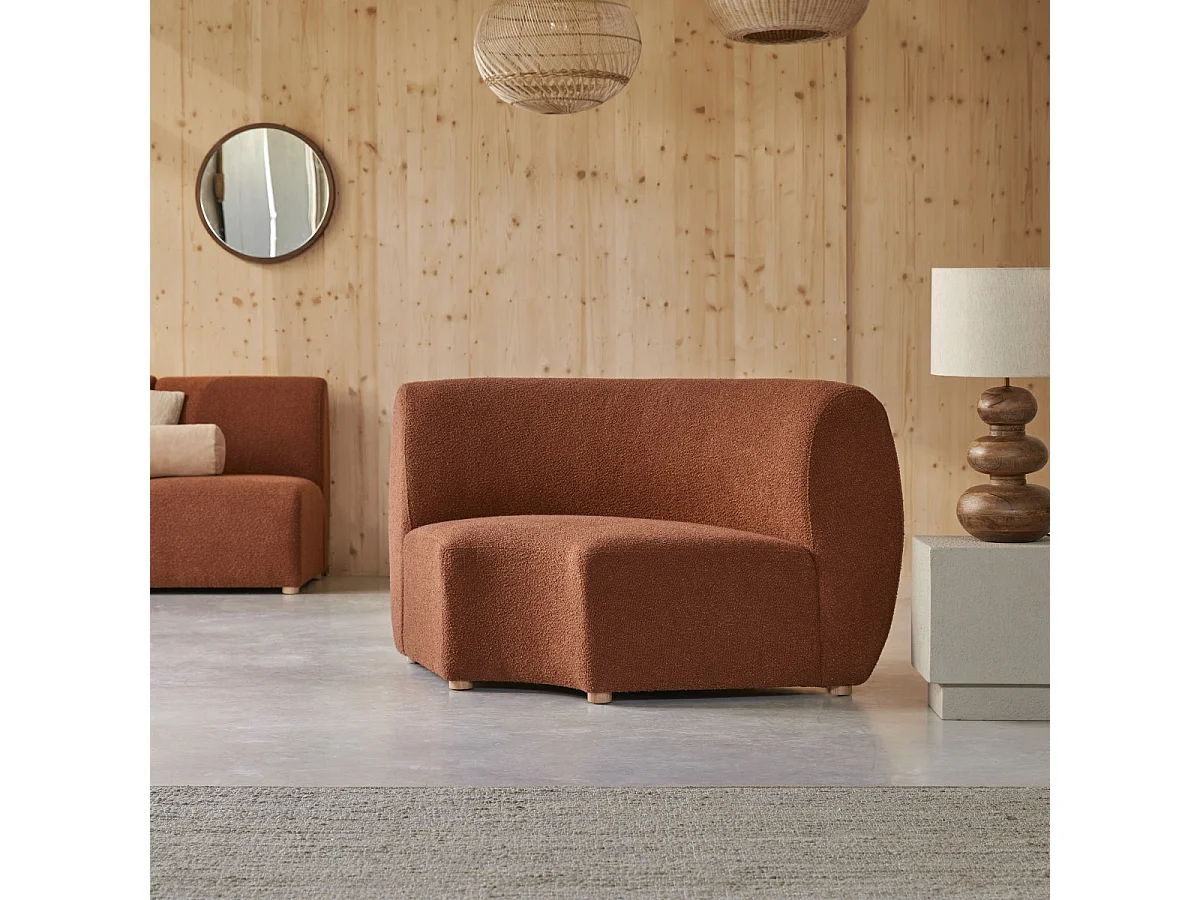 Swann – Modularer Ecksessel aus massivem Akazienholz mit terrakottafarbenem Stoffbezug