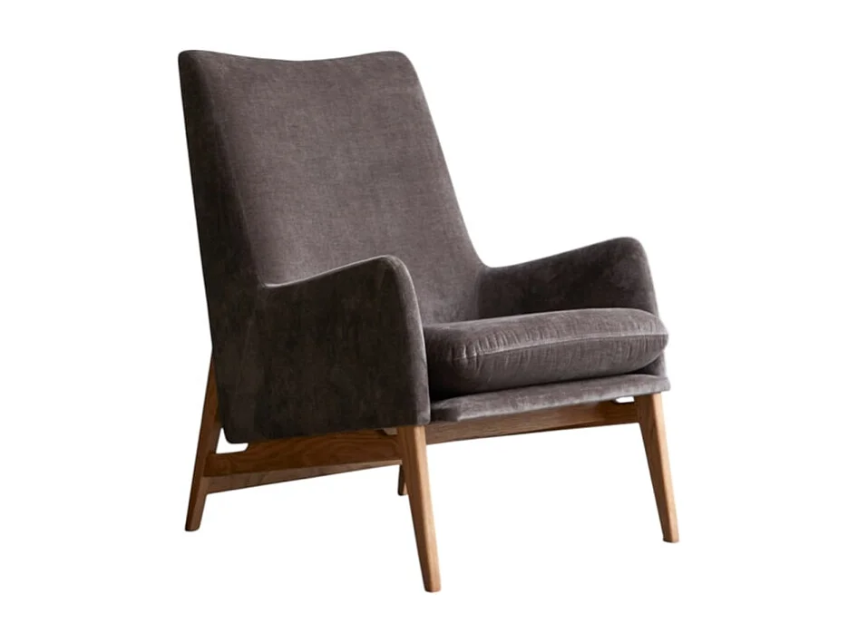 Sessel aus massivem Eichenholz mit grauem Samtbezug