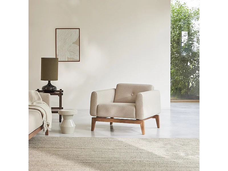 Fauteuil Bjorn en chêne massif et tissu écru, 1 place