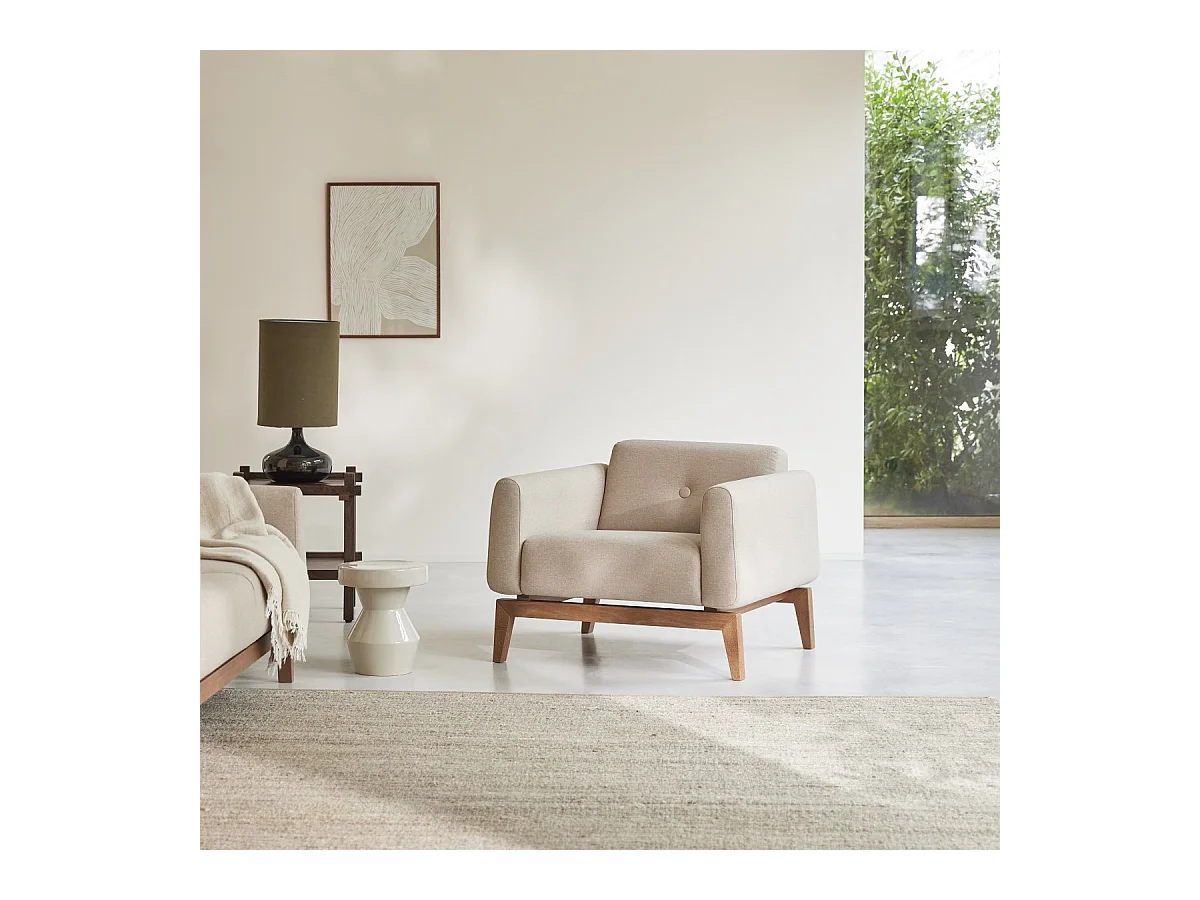 Fauteuil Bjorn en chêne massif et tissu écru, 1 place