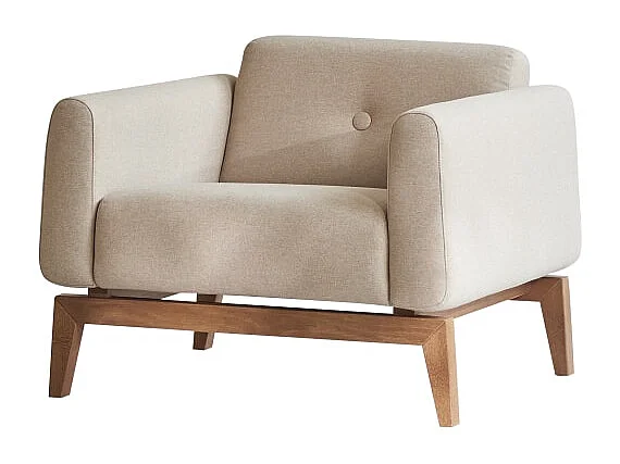 Sessel Bjorn mit massivem Eichenholzgestell und ecrufarbenem Stoffbezug, 1-sitzig