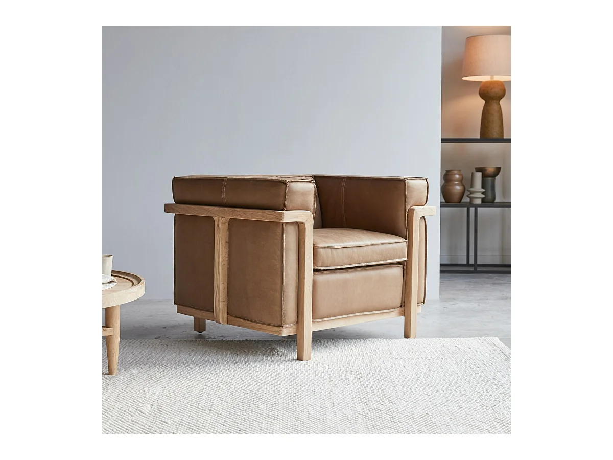 Sessel Cobbelwood Cheyenne aus Leder und Massivholz Design ,1-Sitz