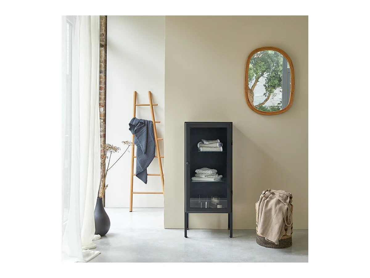 Vitrine Badschrank industrieller Stil 120 cm mit Glasfront schwarzes Metall