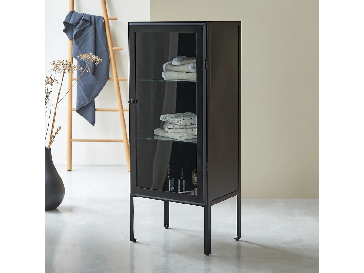 Vitrine Badschrank industrieller Stil 120 cm mit Glasfront schwarzes Metall