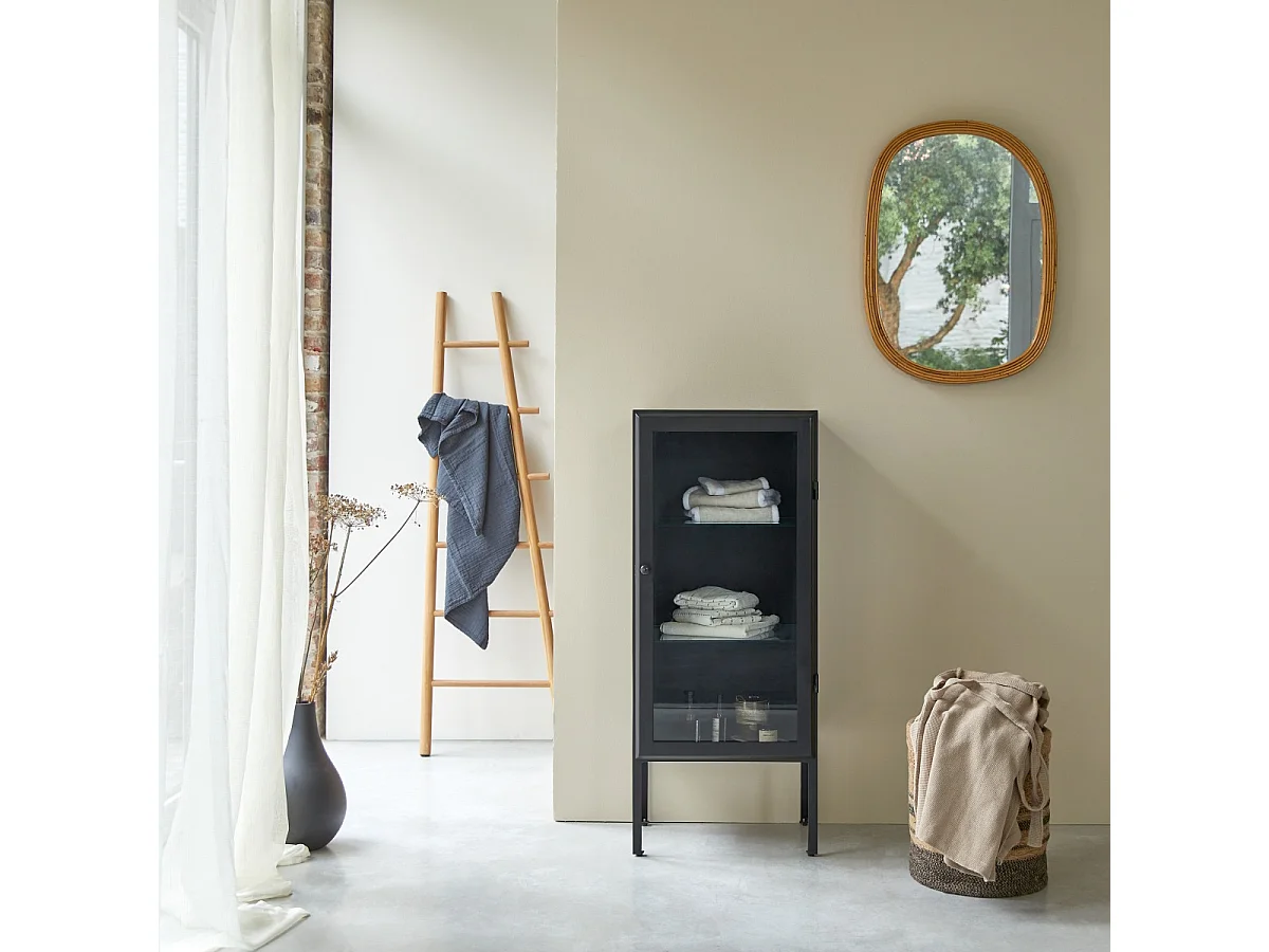 Vitrine Badschrank industrieller Stil 120 cm mit Glasfront schwarzes Metall