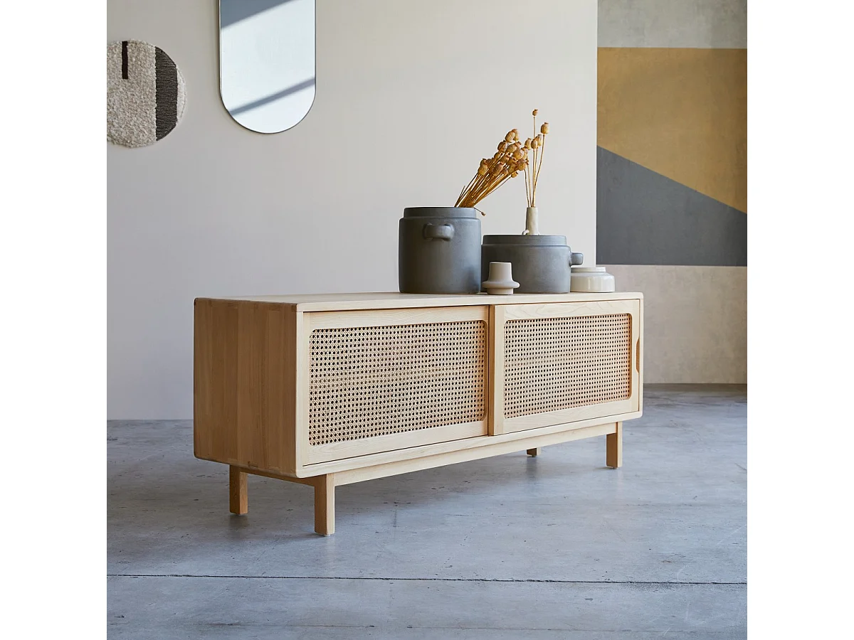 TV-Schrank aus Ulmenholz und Rattangeflecht Luis 140 cm