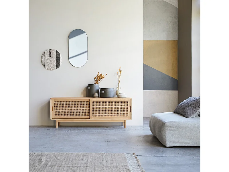 Meuble TV en bois d'orme et cannage Luis 140 cm