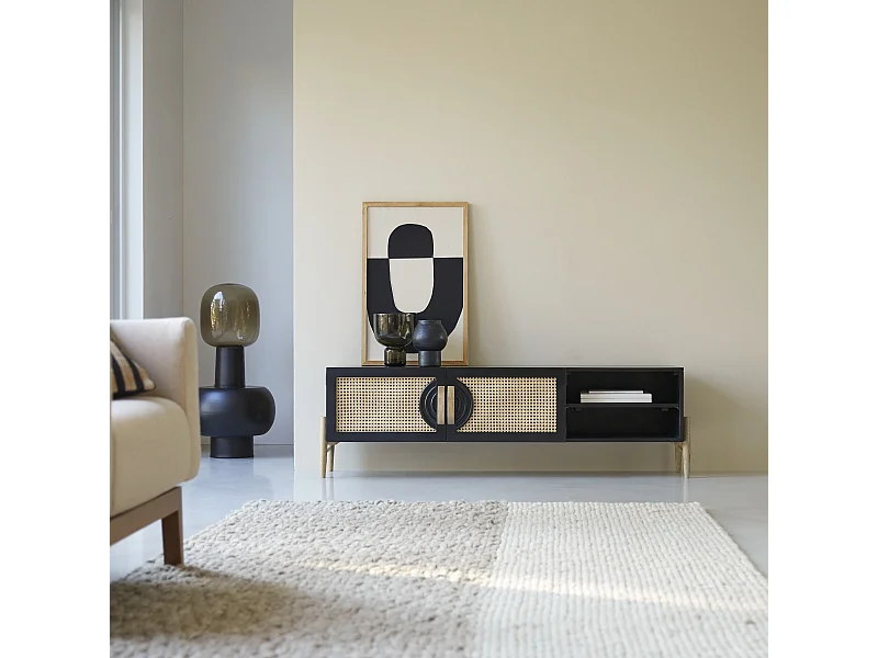 Mobile TV in legno di mango massello nero e rattan Sina 145 cm