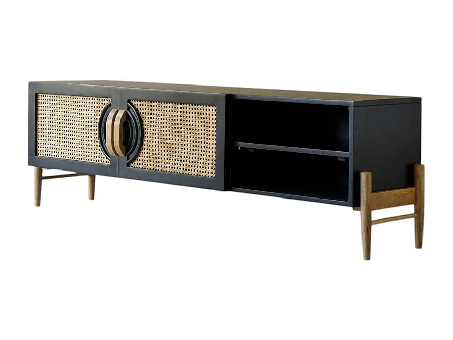 TV-Möbel aus massivem Mangoholz schwarz und Rattan Sina 145 cm