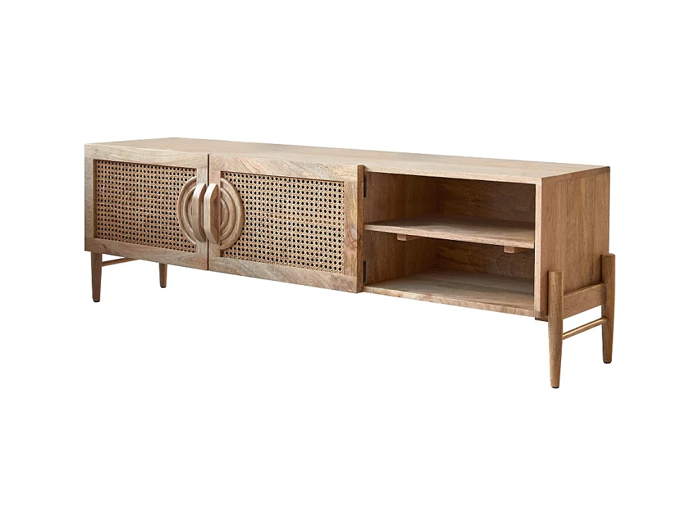 TV-Möbel Sina aus massivem Mangoholz und Rattan