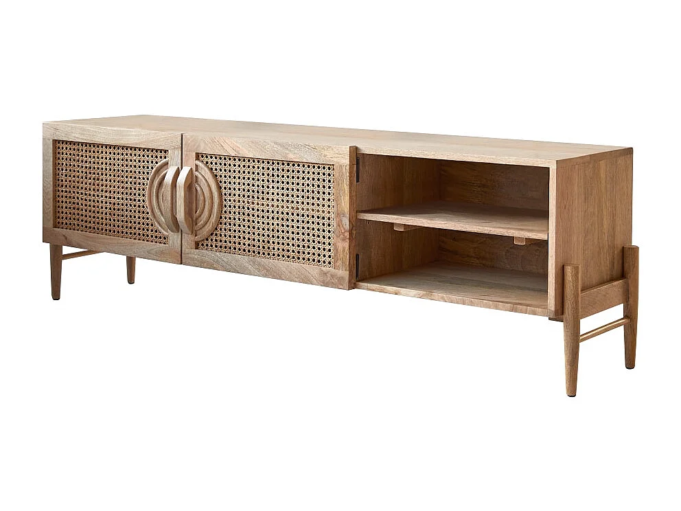 TV-Möbel Sina aus massivem Mangoholz und Rattan