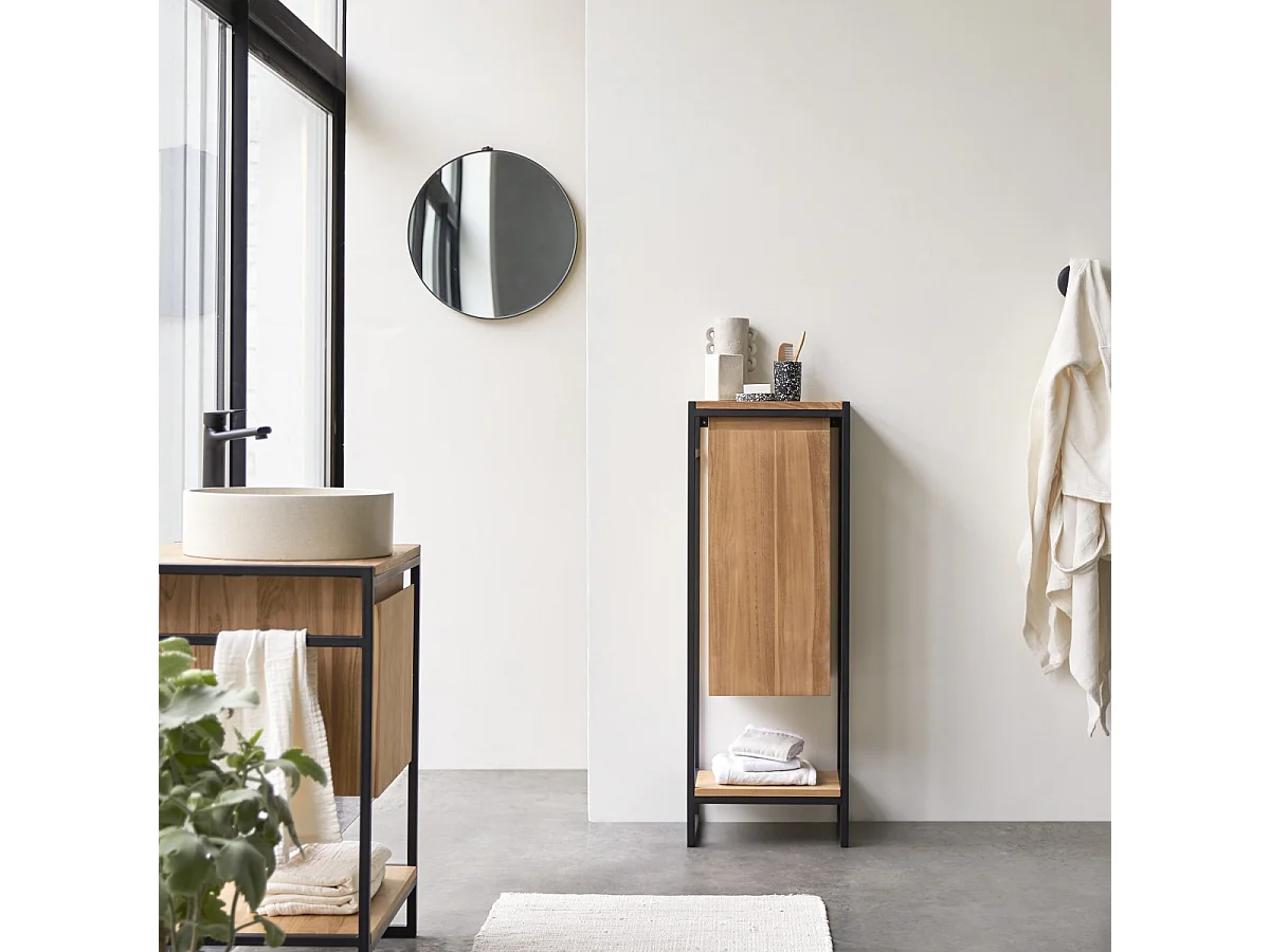 Badschrank aus Teak 44 cm Massivholz und Metall kombinierbar