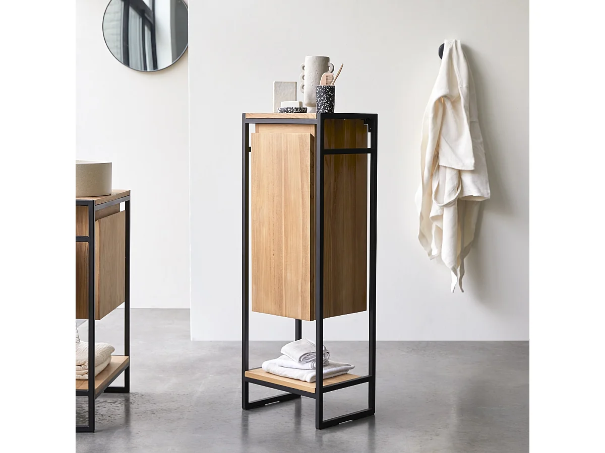 Badschrank aus Teak 44 cm Massivholz und Metall kombinierbar