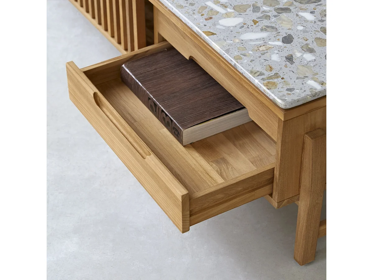 Meuble TV Isaure en bois de teck massif et terrazzo premium 175 cm