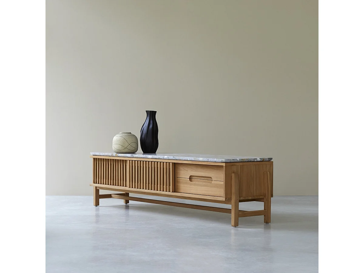 Meuble TV Isaure en bois de teck massif et terrazzo premium 175 cm