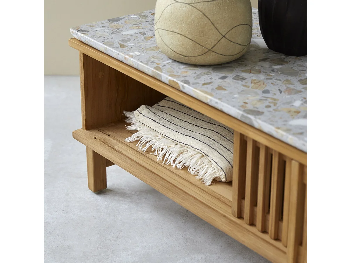 Meuble TV Isaure en bois de teck massif et terrazzo premium 175 cm