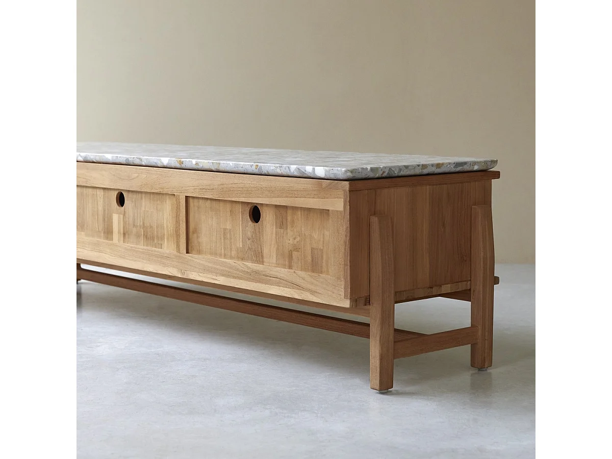 Meuble TV Isaure en bois de teck massif et terrazzo premium 175 cm