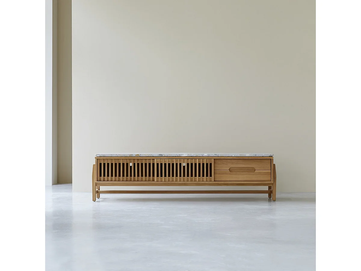 Meuble TV Isaure en bois de teck massif et terrazzo premium 175 cm