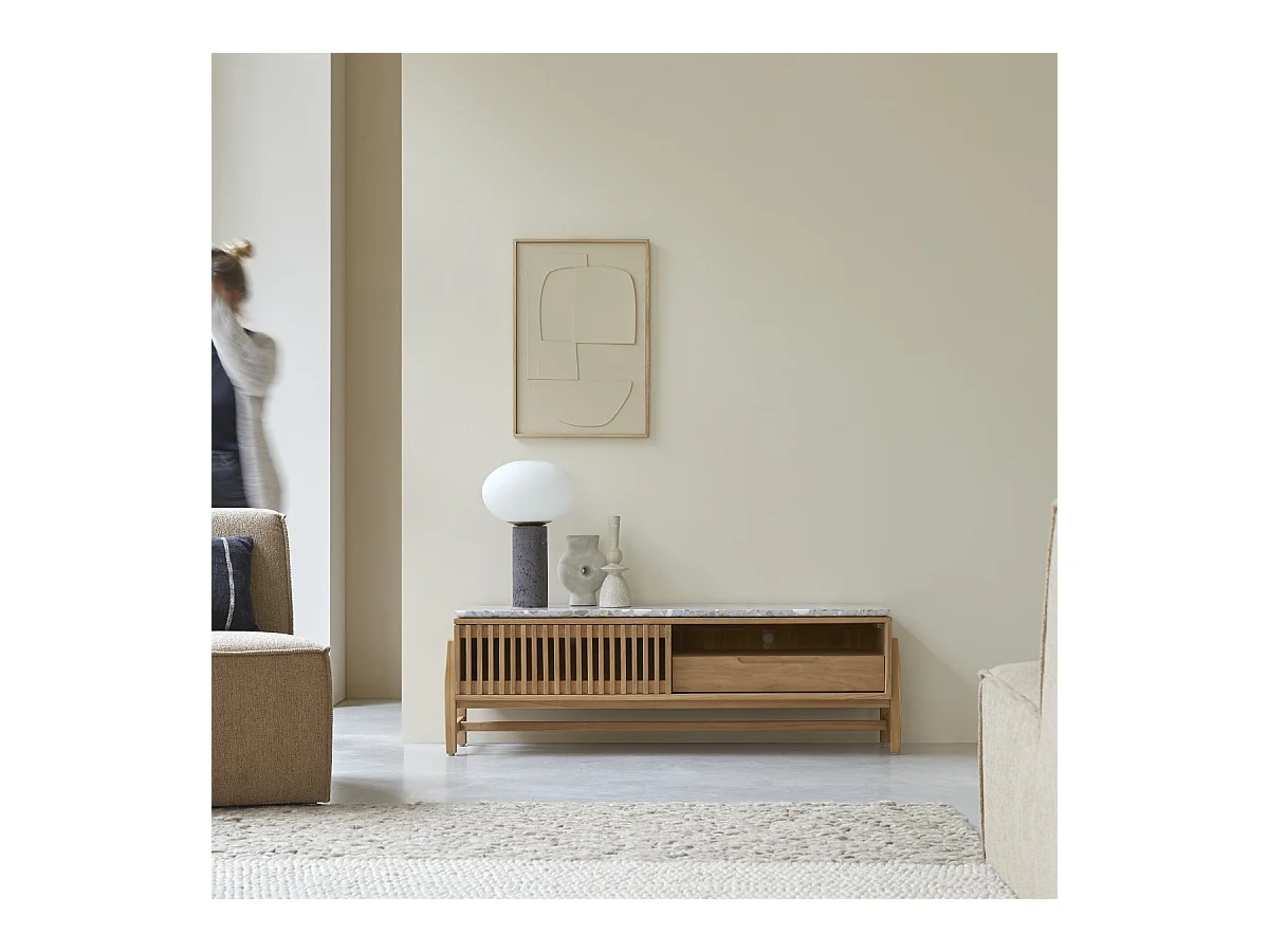 TV-Schrank Isaure aus massivem Teakholz und Premium-Terrazzo 140 cm