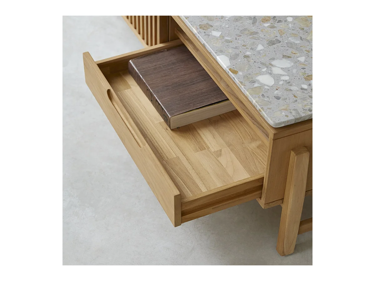 TV-Schrank Isaure aus massivem Teakholz und Premium-Terrazzo 140 cm