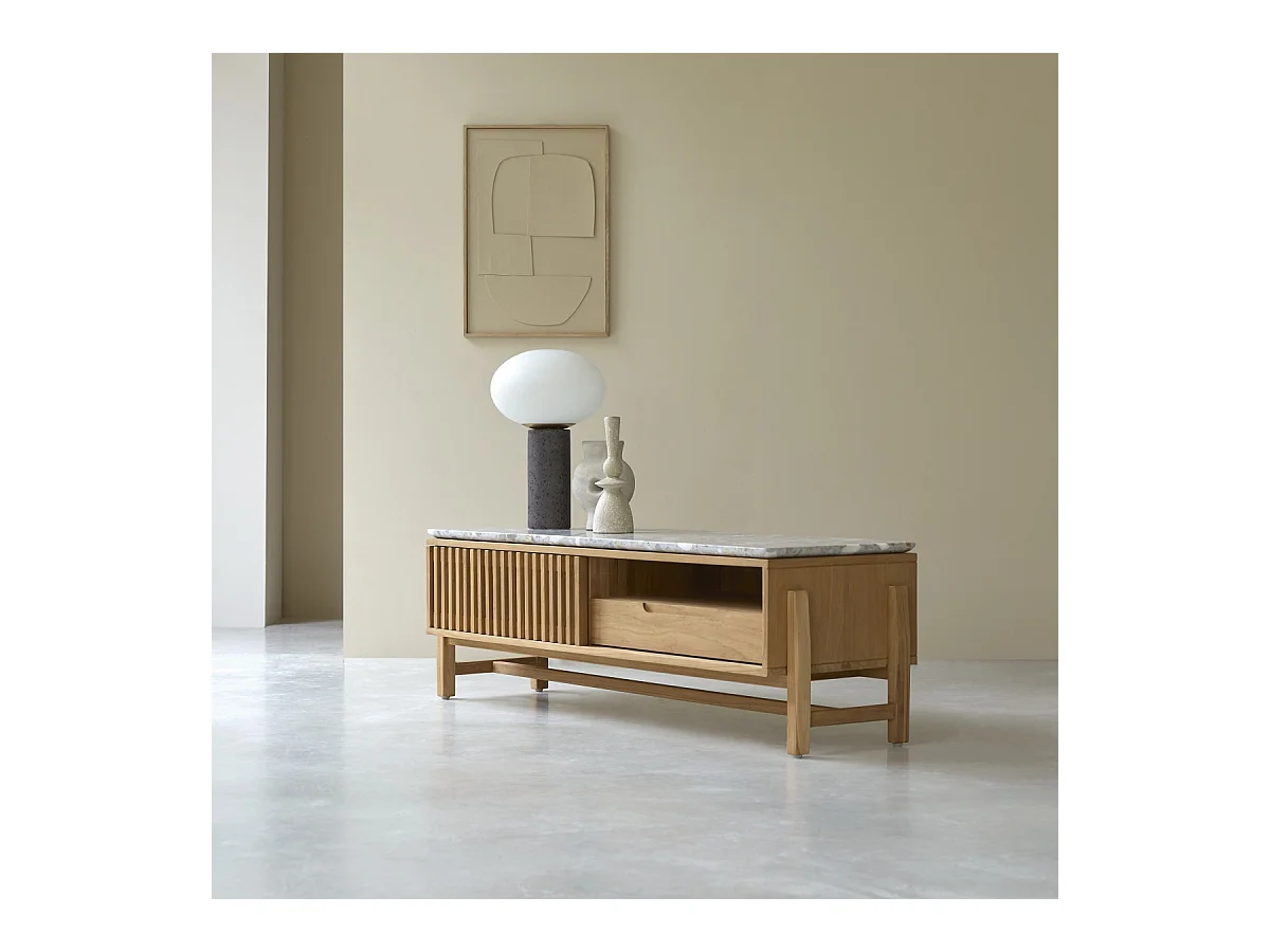 TV-Schrank Isaure aus massivem Teakholz und Premium-Terrazzo 140 cm