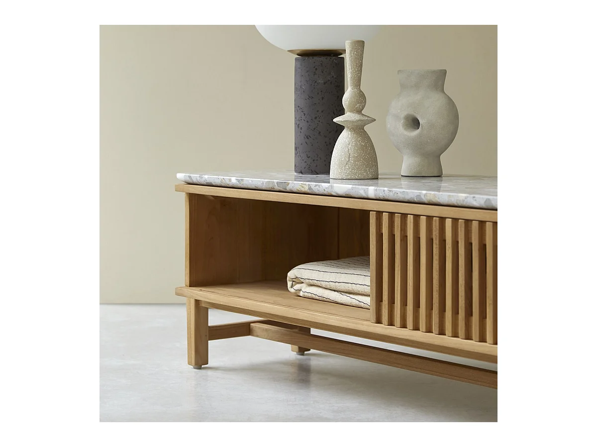 TV-Schrank Isaure aus massivem Teakholz und Premium-Terrazzo 140 cm